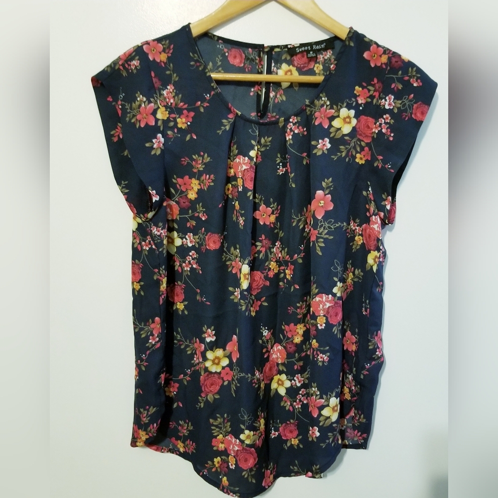 SWEET RAIN Navy Blue Floral Sleeveless Pleated Sheer Blouse Medium Boho Romantic - Picture 1 of 8